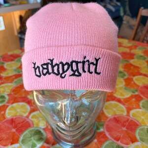 Pink Babygirl Gothic Old English Embroidered Cuffed Knit Beanie Hat Coquette OS
